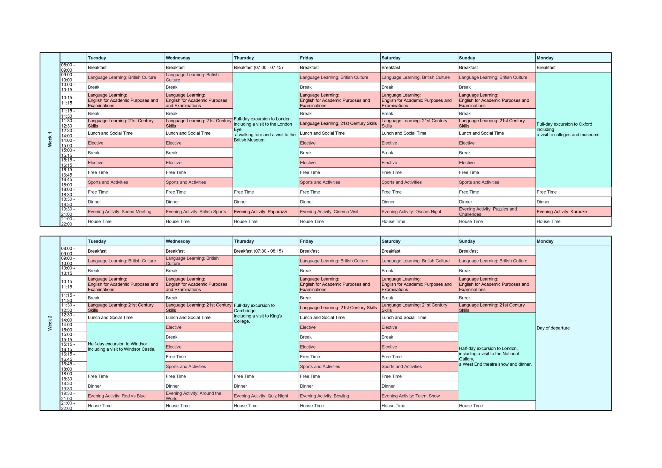 Horario del programa Summer 2026